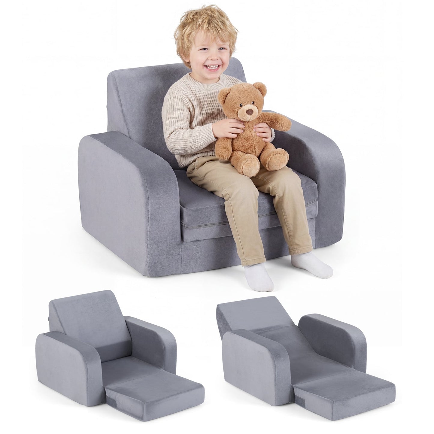 3-in-1 Convertible Kids Sofa Bed with Ultra-soft Crystal Velvet-Grey