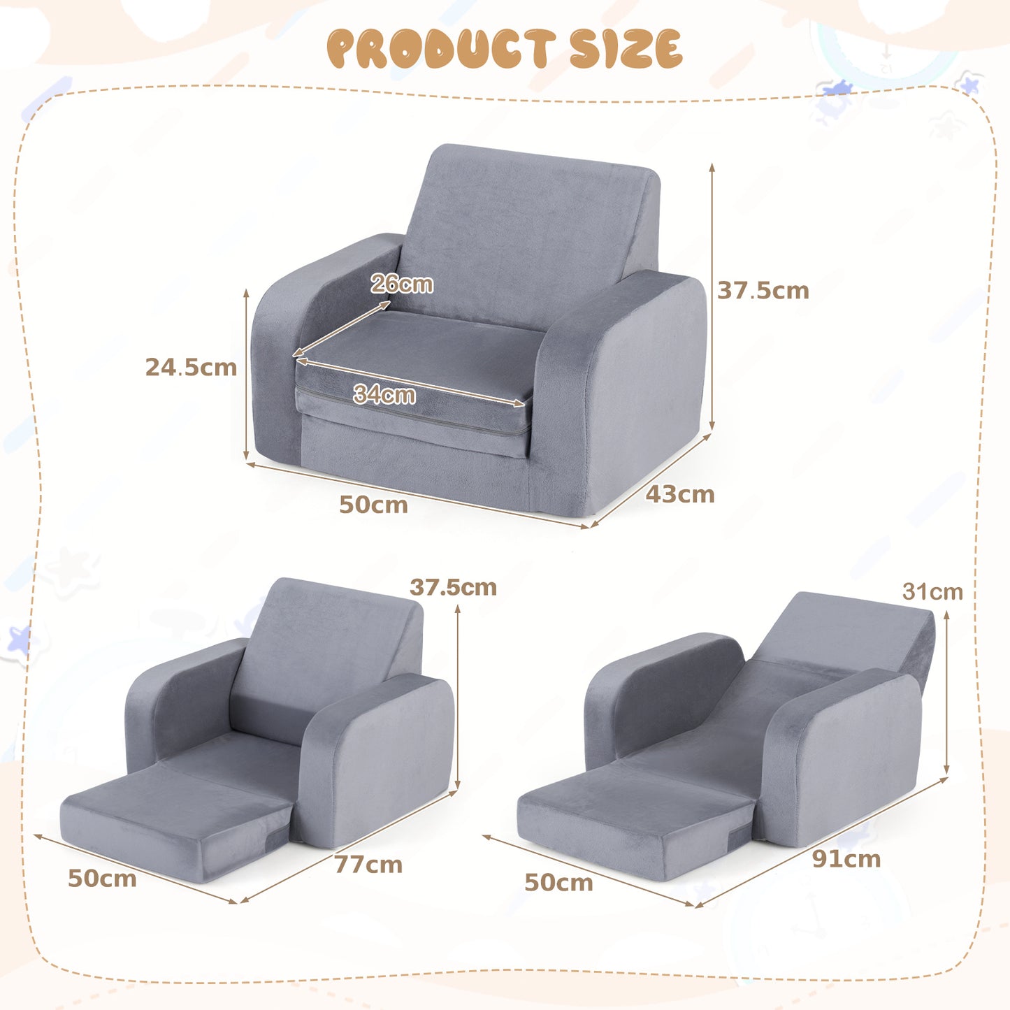3-in-1 Convertible Kids Sofa Bed with Ultra-soft Crystal Velvet-Grey