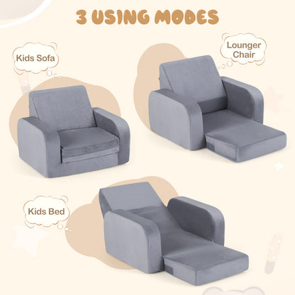 3-in-1 Convertible Kids Sofa Bed with Ultra-soft Crystal Velvet-Grey