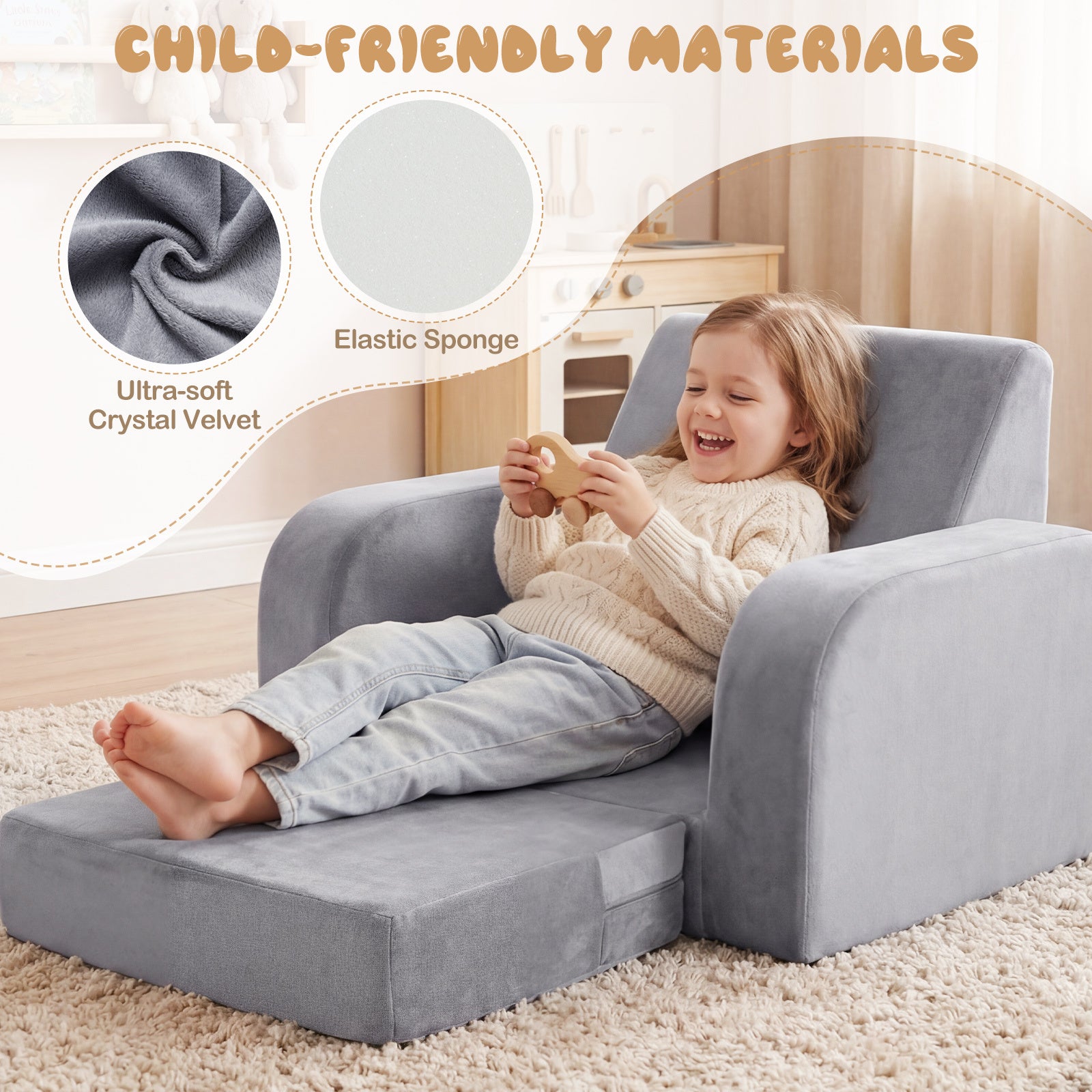 3-in-1 Convertible Kids Sofa Bed with Ultra-soft Crystal Velvet-Grey