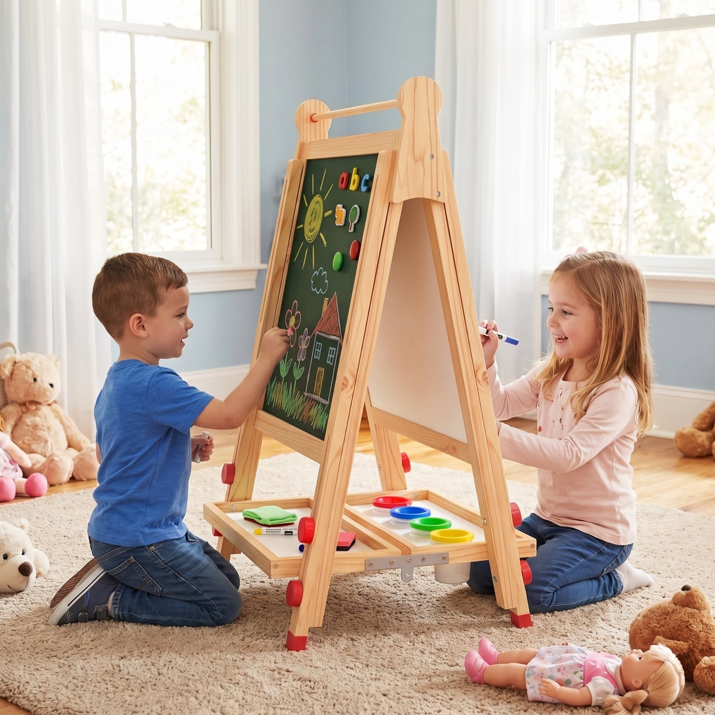 3 in 1 Foldable Wooden Art Easel with Whiteboard Chalkboard and Paper Roll-Natrual