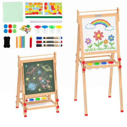 3 in 1 Foldable Wooden Art Easel with Whiteboard Chalkboard and Paper Roll-Natrual