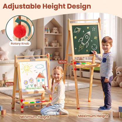 3 in 1 Foldable Wooden Art Easel with Whiteboard Chalkboard and Paper Roll-Natrual
