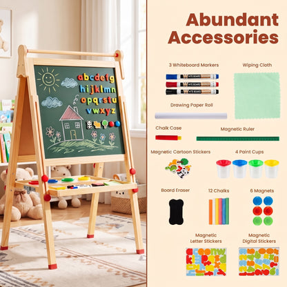 3 in 1 Foldable Wooden Art Easel with Whiteboard Chalkboard and Paper Roll-Natrual