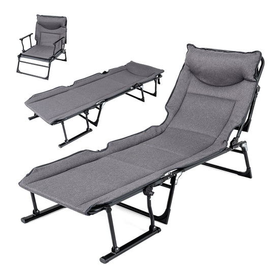 3-in-1 Folding Camping Cot with Adjustable Backrest Convertible Single Sofa-Grey