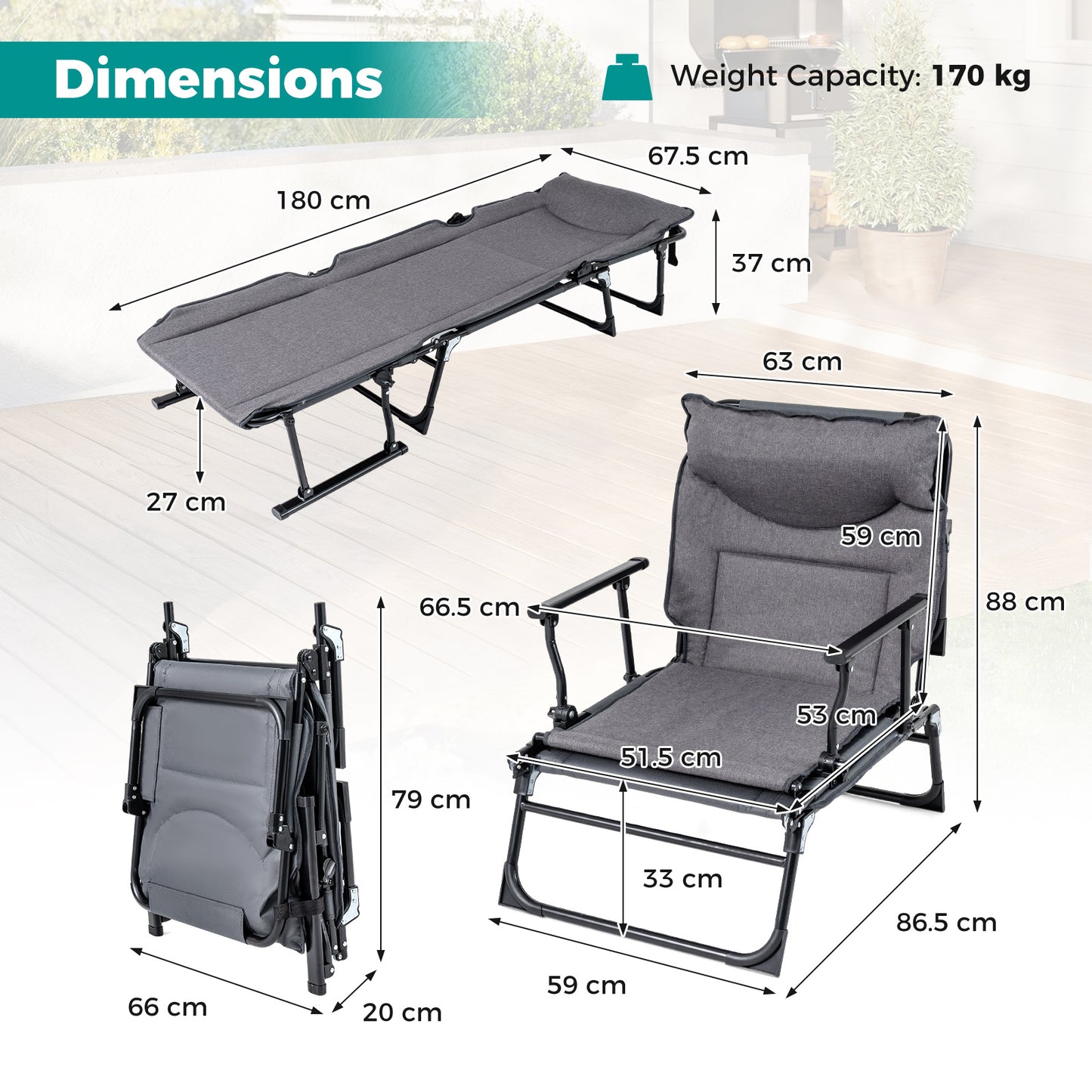 3-in-1 Folding Camping Cot with Adjustable Backrest Convertible Single Sofa-Grey