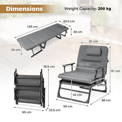 3-in-1 Folding Camping Cot with Removable Mattress and Flip-up Pillow-Grey