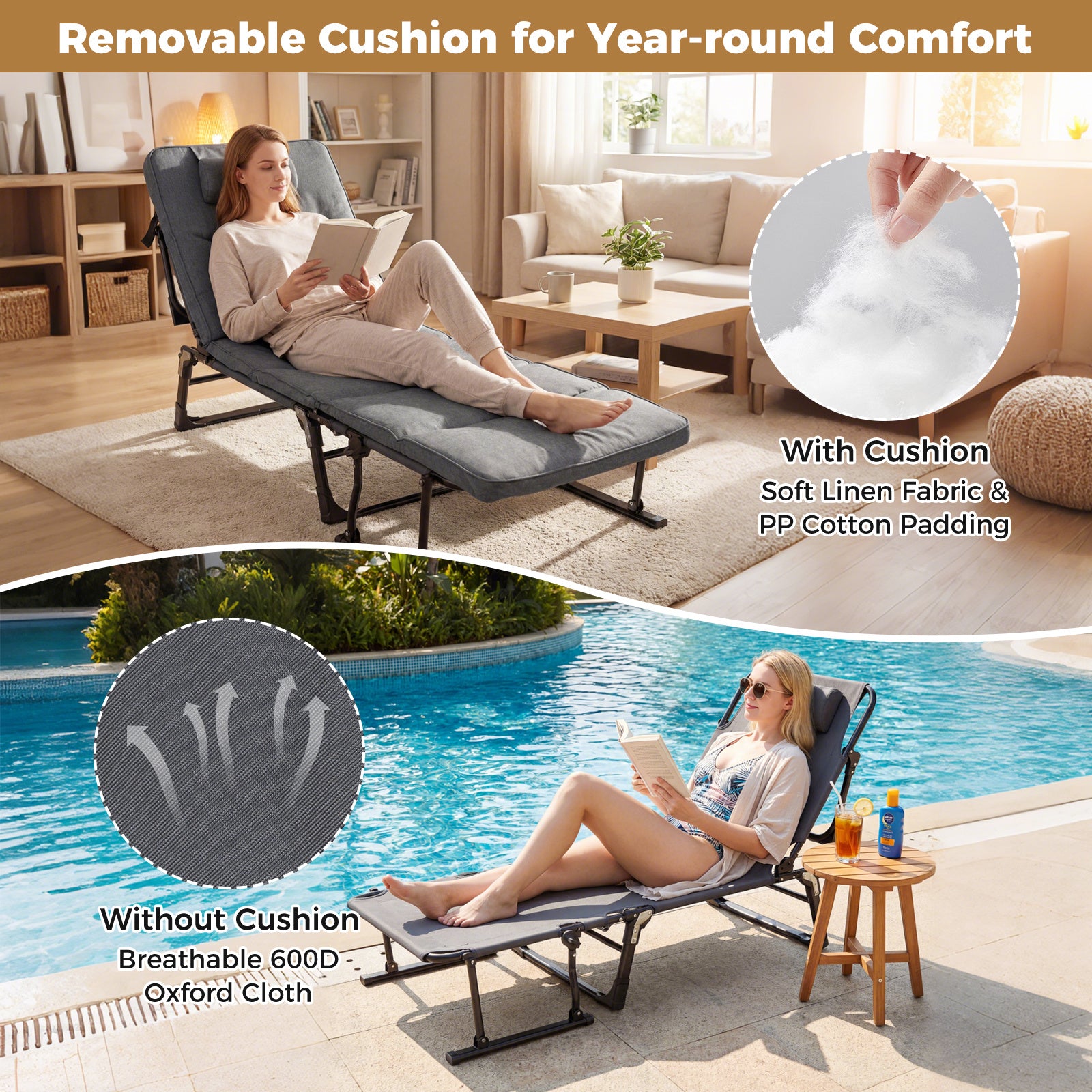 3-in-1 Folding Camping Cot with Removable Mattress and Flip-up Pillow-Grey