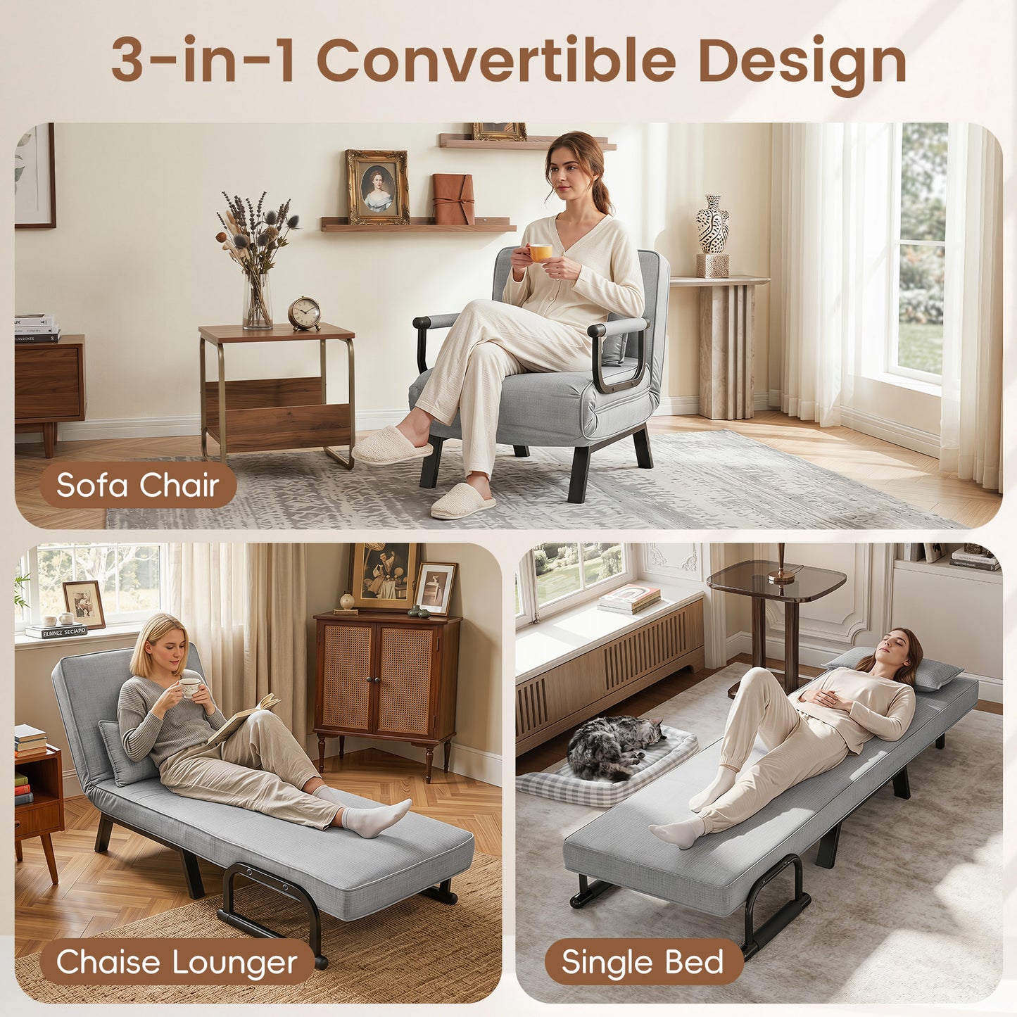 3-in-1 Folding Sofa Bed with Adjustable Backrest with Adjustable Backrest-Light Grey