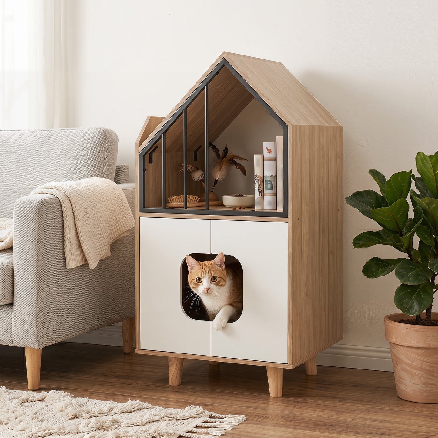 3-in-1 Hidden Cat House Cabinet with Shelf Metal Fence and 2 Door for Indoor Kittens-Natural