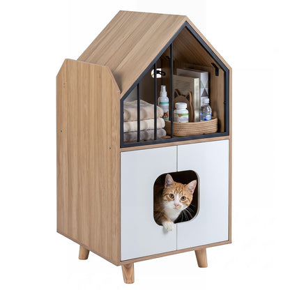 3-in-1 Hidden Cat House Cabinet with Shelf Metal Fence and 2 Door for Indoor Kittens-Natural