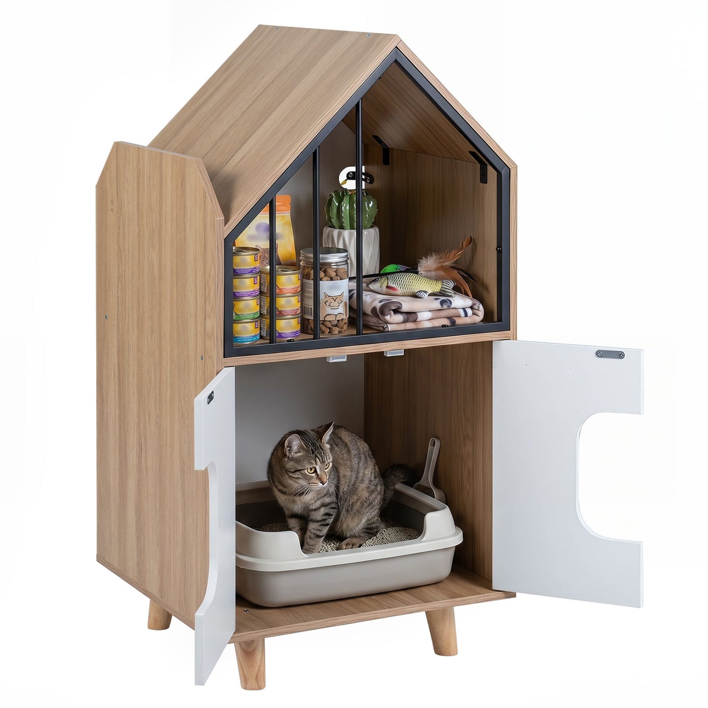 3-in-1 Hidden Cat House Cabinet with Shelf Metal Fence and 2 Door for Indoor Kittens-Natural