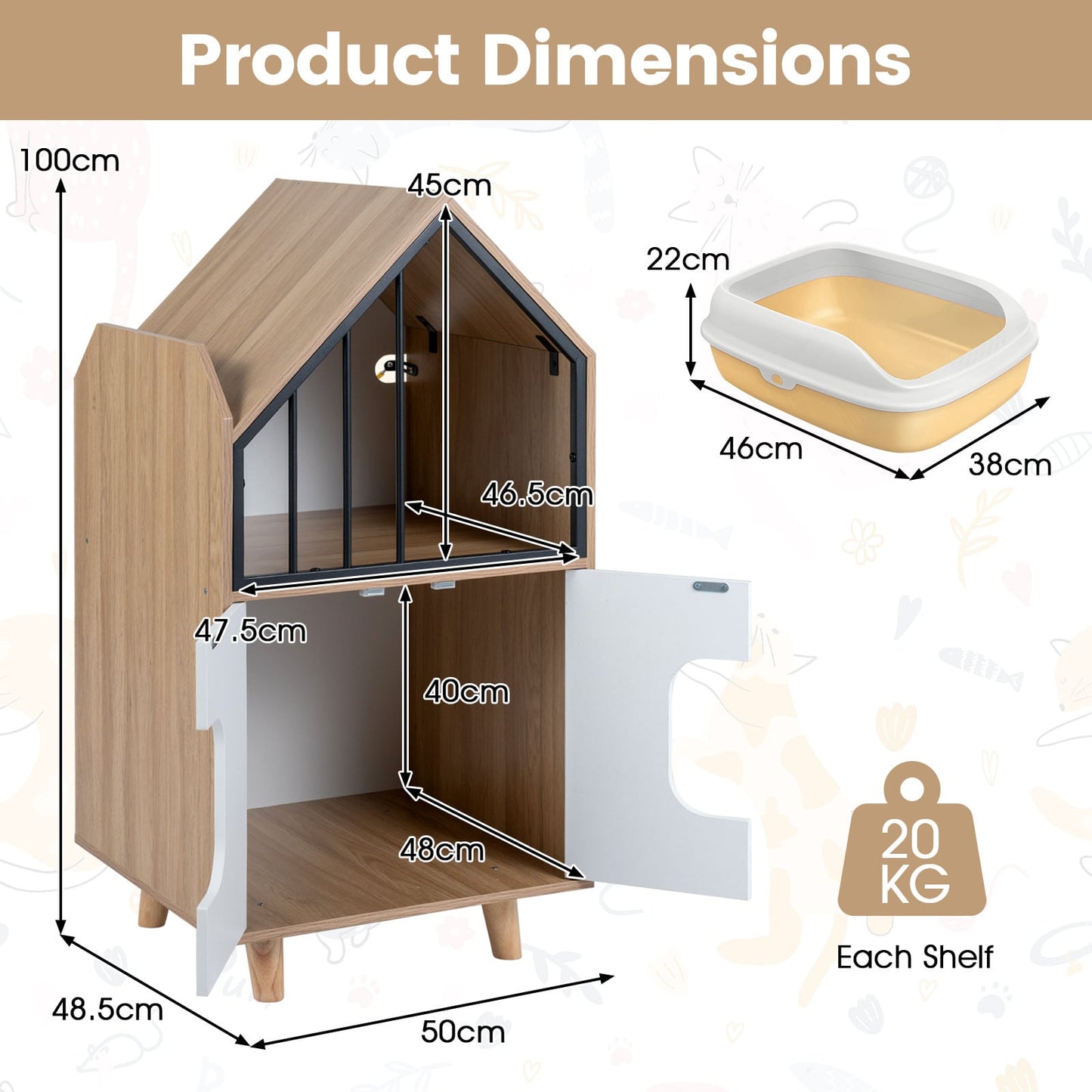 3-in-1 Hidden Cat House Cabinet with Shelf Metal Fence and 2 Door for Indoor Kittens-Natural