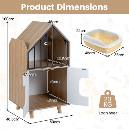 3-in-1 Hidden Cat House Cabinet with Shelf Metal Fence and 2 Door for Indoor Kittens-Natural