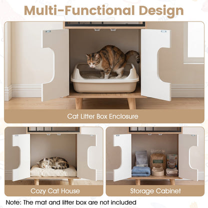 3-in-1 Hidden Cat House Cabinet with Shelf Metal Fence and 2 Door for Indoor Kittens-Natural