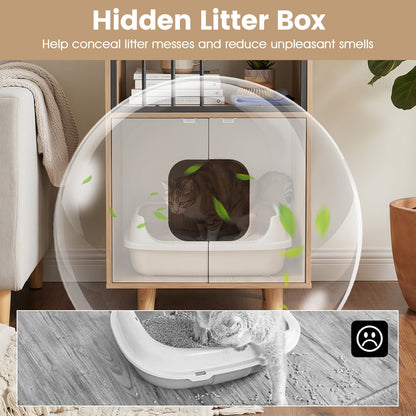 3-in-1 Hidden Cat House Cabinet with Shelf Metal Fence and 2 Door for Indoor Kittens-Natural