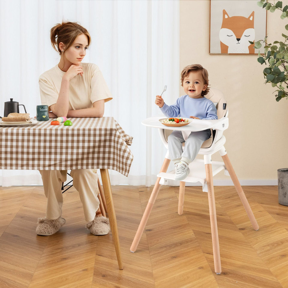 3 in 1 High Chairs for Babies and Toddlers with Foot Rest and Removable Double Tray-Beige