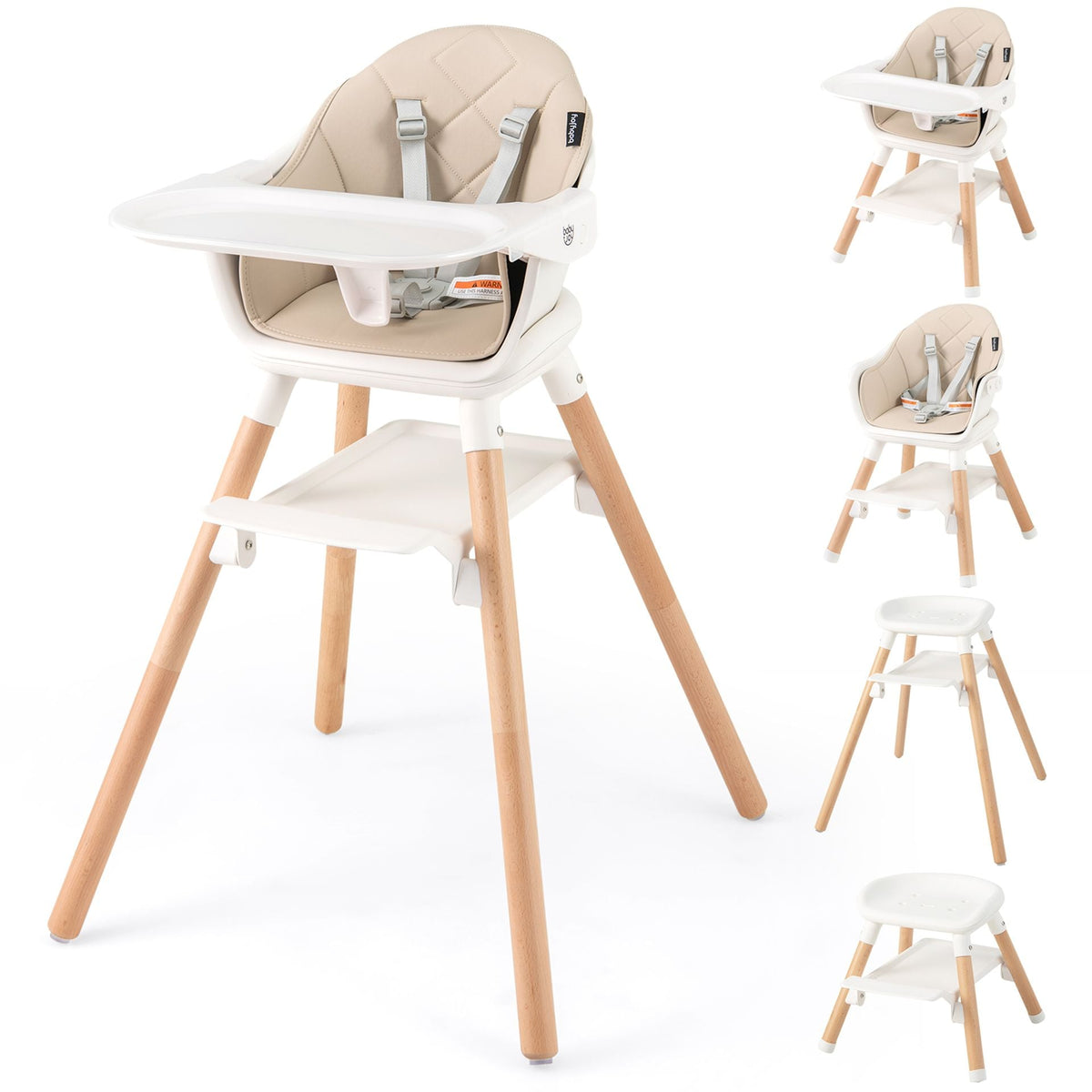 3 in 1 High Chairs for Babies and Toddlers with Foot Rest and Removable Double Tray-Beige