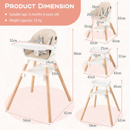 3 in 1 High Chairs for Babies and Toddlers with Foot Rest and Removable Double Tray-Beige