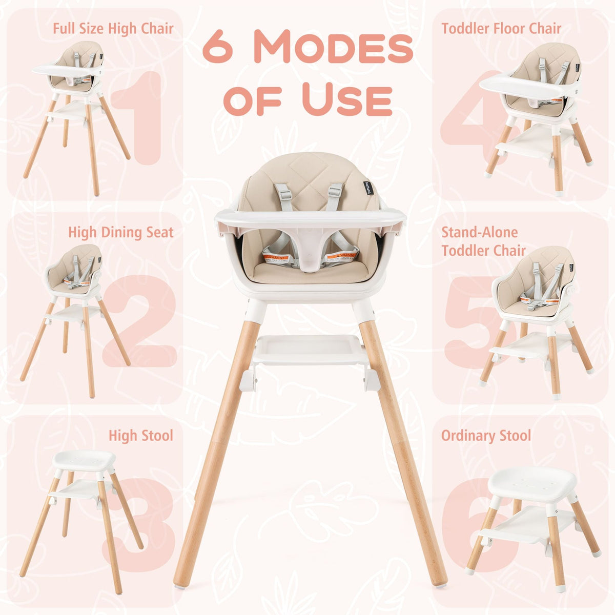 3 in 1 High Chairs for Babies and Toddlers with Foot Rest and Removable Double Tray-Beige