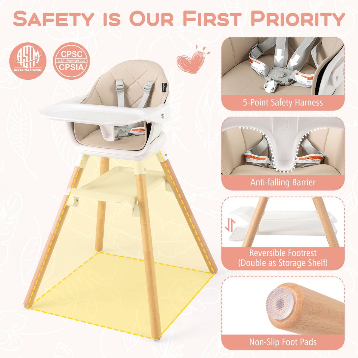 3 in 1 High Chairs for Babies and Toddlers with Foot Rest and Removable Double Tray-Beige