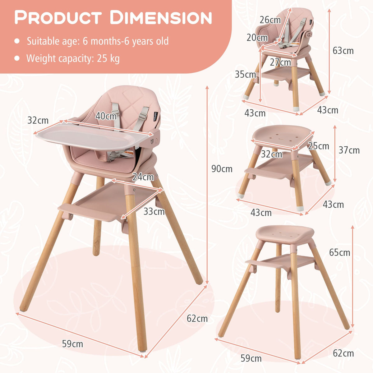 3 in 1 High Chairs for Babies and Toddlers with Foot Rest and Removable Double Tray-Pink
