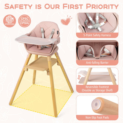 3 in 1 High Chairs for Babies and Toddlers with Foot Rest and Removable Double Tray-Pink