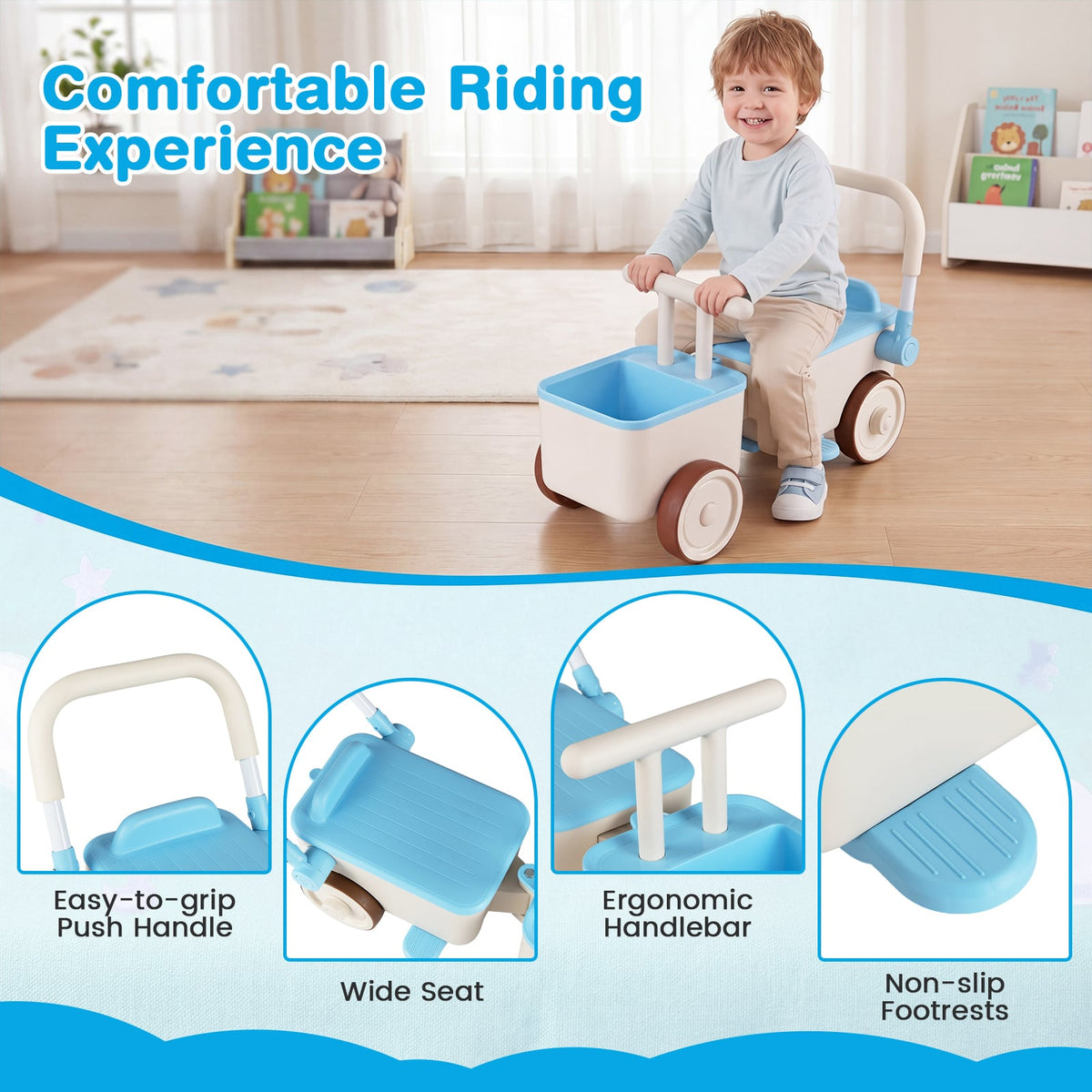 3-in-1 Kids Ride On Push Car with Foldable Push Handle and Storage Basket-Blue