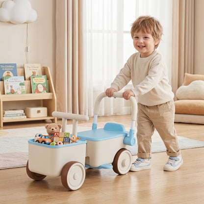 3-in-1 Kids Ride On Push Car with Foldable Push Handle and Storage Basket-Blue