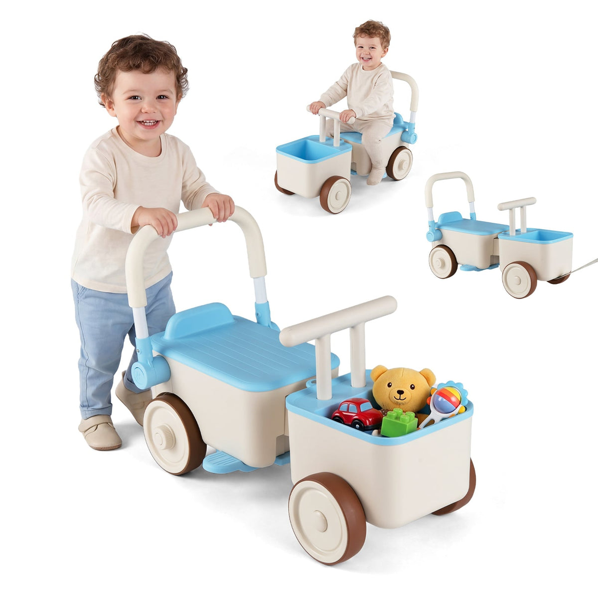3-in-1 Kids Ride On Push Car with Foldable Push Handle and Storage Basket-Blue