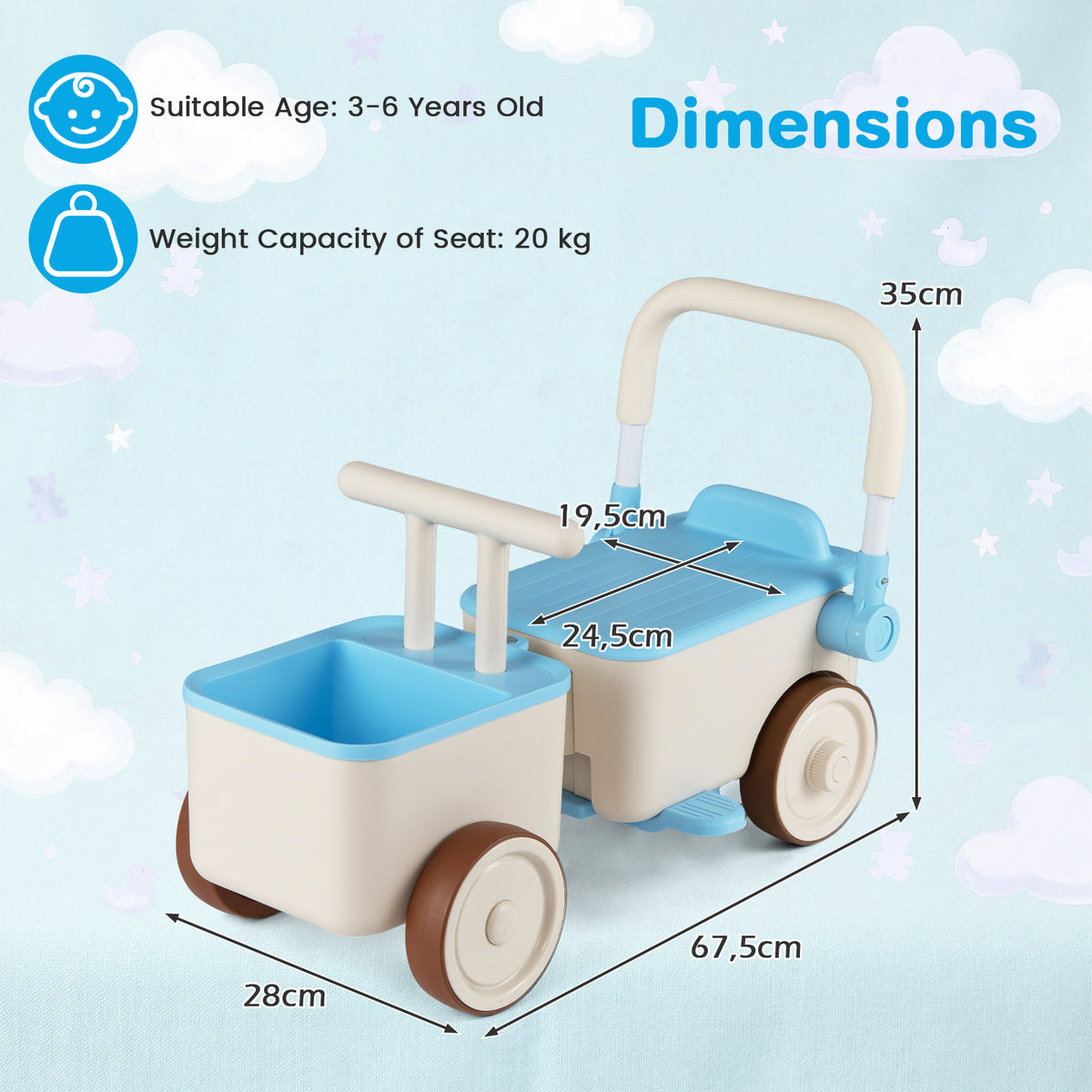 3-in-1 Kids Ride On Push Car with Foldable Push Handle and Storage Basket-Blue