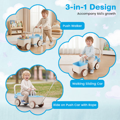 3-in-1 Kids Ride On Push Car with Foldable Push Handle and Storage Basket-Blue