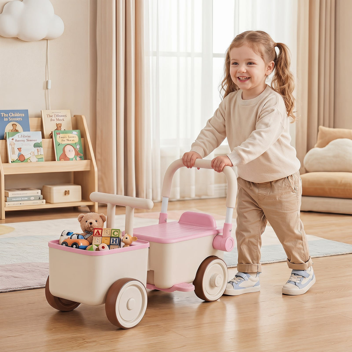 3-in-1 Kids Ride On Push Car with Foldable Push Handle and Storage Basket-Pink