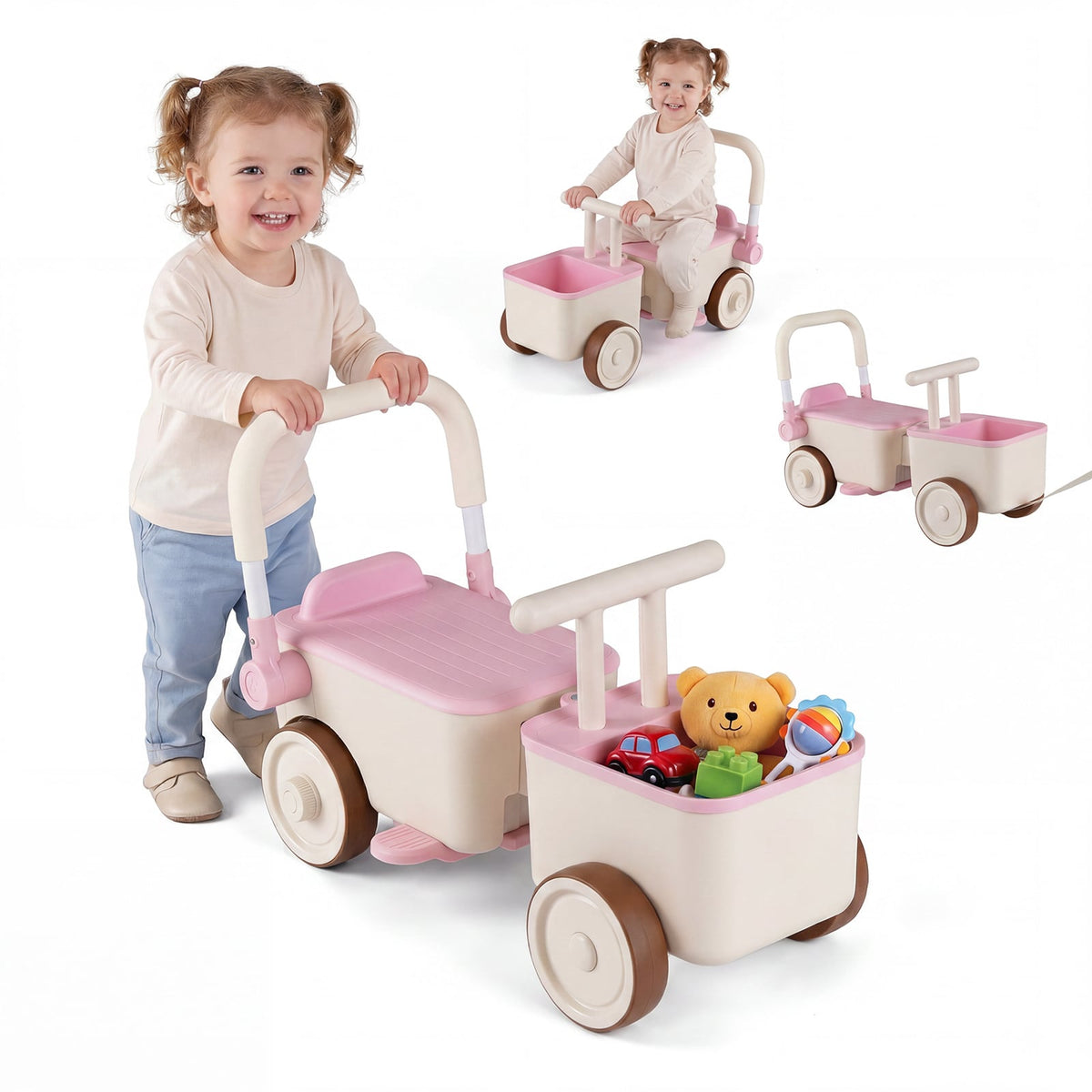 3-in-1 Kids Ride On Push Car with Foldable Push Handle and Storage Basket-Pink