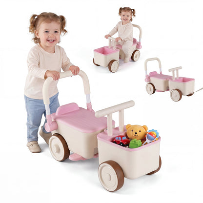 3-in-1 Kids Ride On Push Car with Foldable Push Handle and Storage Basket-Pink