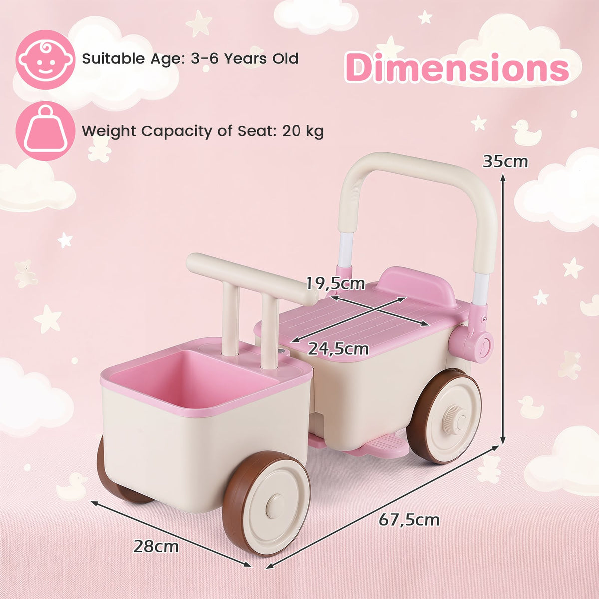 3-in-1 Kids Ride On Push Car with Foldable Push Handle and Storage Basket-Pink