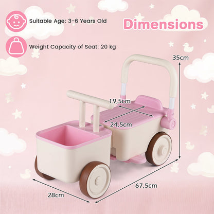 3-in-1 Kids Ride On Push Car with Foldable Push Handle and Storage Basket-Pink