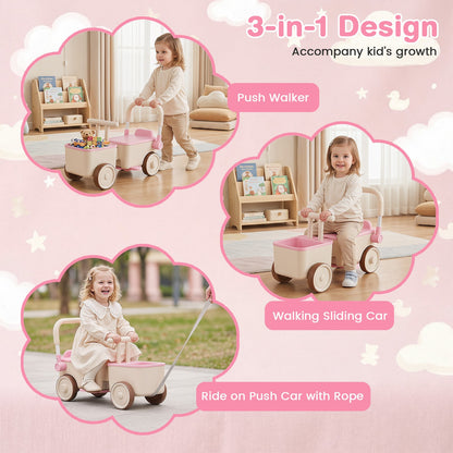 3-in-1 Kids Ride On Push Car with Foldable Push Handle and Storage Basket-Pink