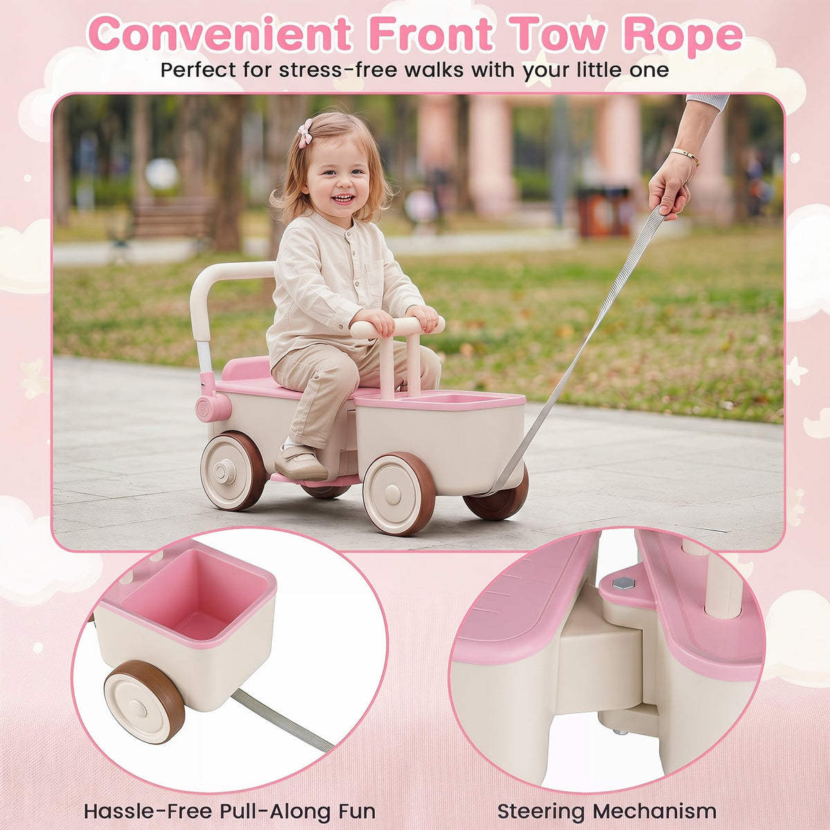 3-in-1 Kids Ride On Push Car with Foldable Push Handle and Storage Basket-Pink