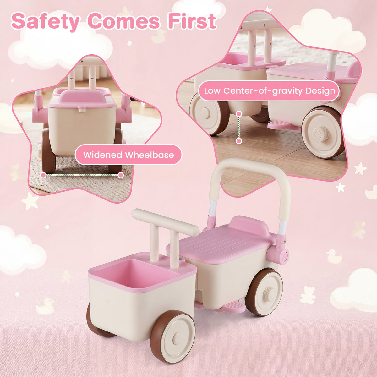 3-in-1 Kids Ride On Push Car with Foldable Push Handle and Storage Basket-Pink