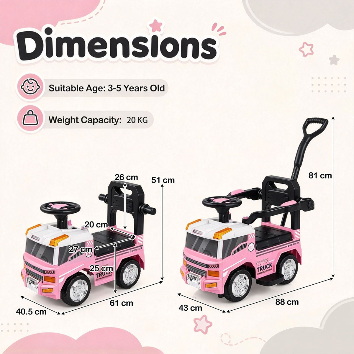 3-in-1 Kids Ride On Push Car with Music and Hidden Storage for Toddlers 3 to 5 Years Old-Pink