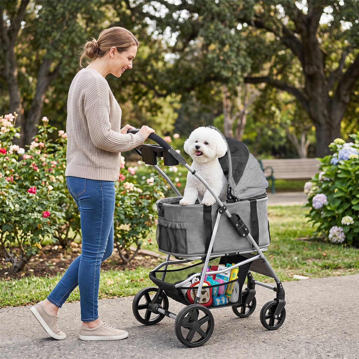 3-in-1 Pet Stroller for Small Medium Dogs with Detachable Carrier Cup Holder and Storage Basket-Gray