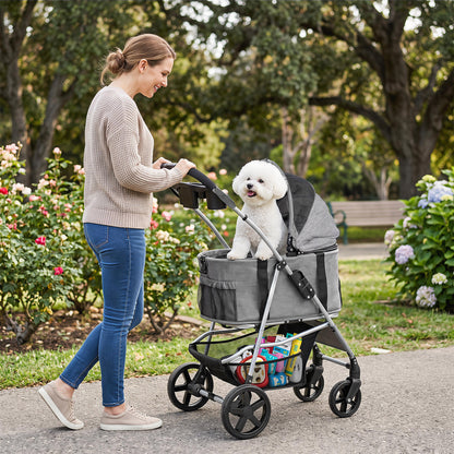 3-in-1 Pet Stroller for Small Medium Dogs with Detachable Carrier Cup Holder and Storage Basket-Gray