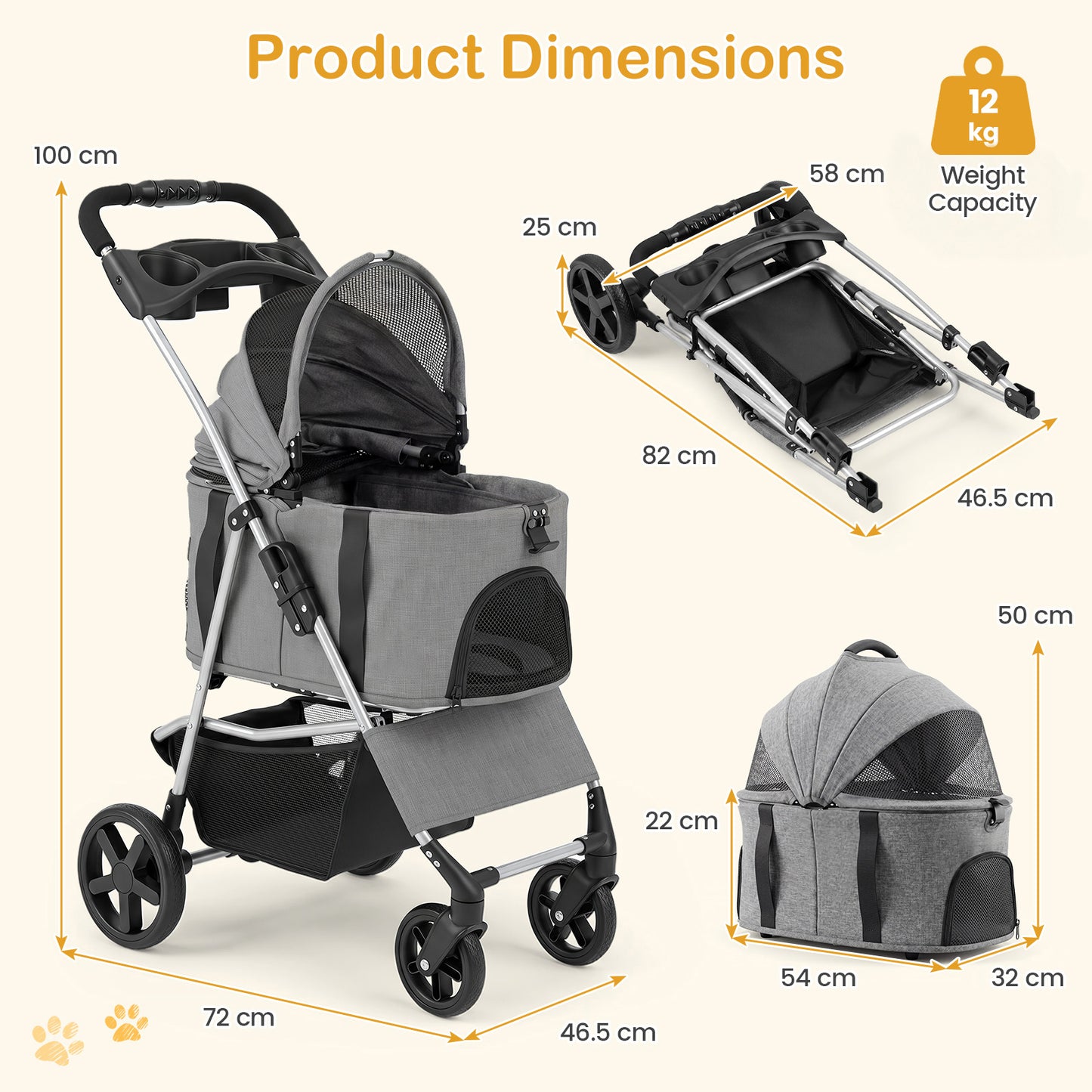 3-in-1 Pet Stroller for Small Medium Dogs with Detachable Carrier Cup Holder and Storage Basket-Gray