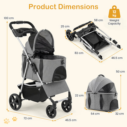3-in-1 Pet Stroller for Small Medium Dogs with Detachable Carrier Cup Holder and Storage Basket-Gray