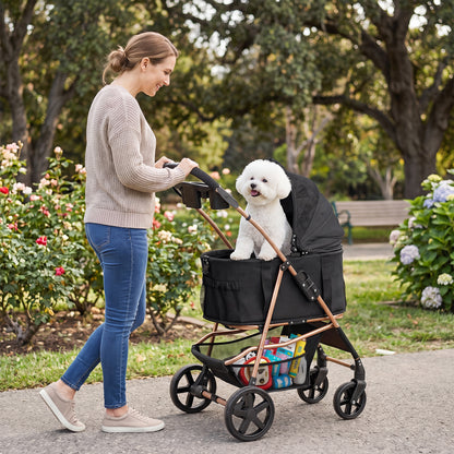 3-in-1 Pet Stroller for Small Medium Dogs with Detachable Carrier Cup Holder and Storage Basket-PW10185BK