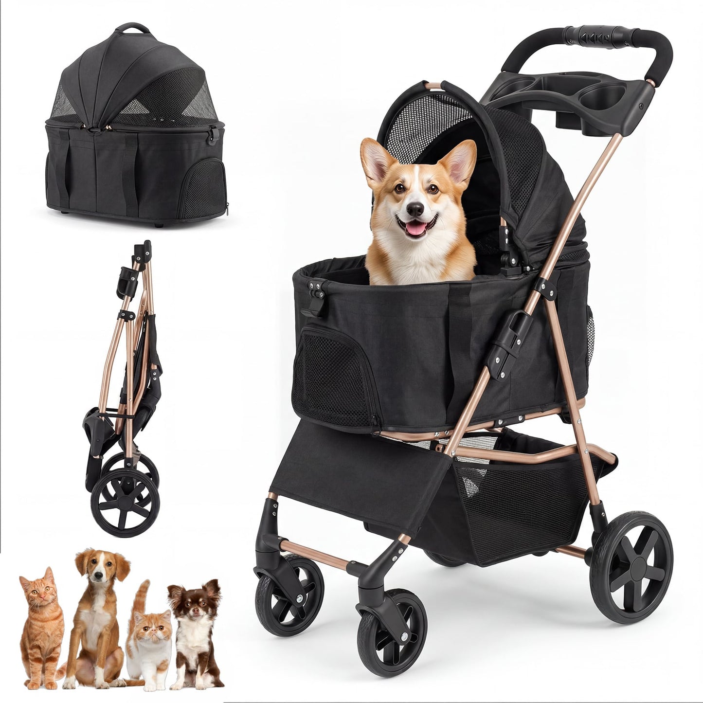 3-in-1 Pet Stroller for Small Medium Dogs with Detachable Carrier Cup Holder and Storage Basket-PW10185BK