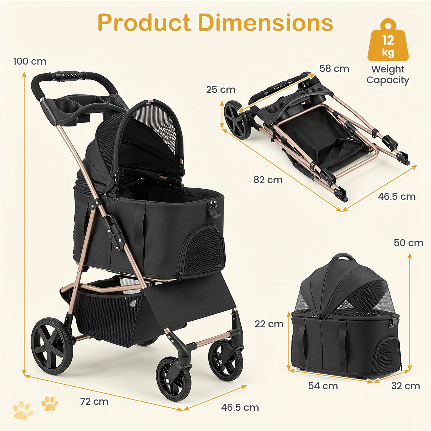 3-in-1 Pet Stroller for Small Medium Dogs with Detachable Carrier Cup Holder and Storage Basket-PW10185BK