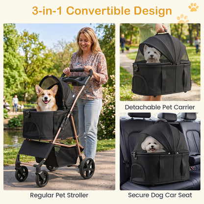 3-in-1 Pet Stroller for Small Medium Dogs with Detachable Carrier Cup Holder and Storage Basket-PW10185BK