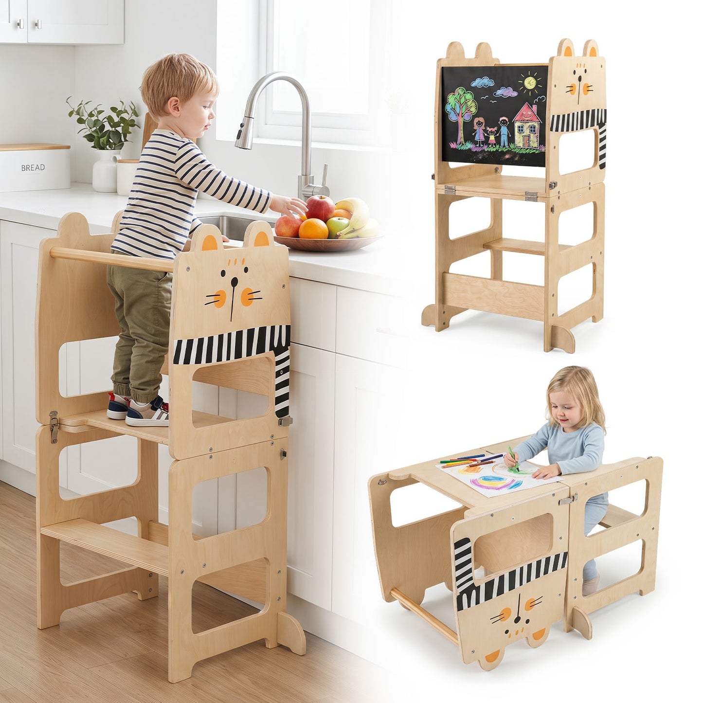 3-in-1 Toddler Kitchen Step Stool Foldable Standing Tower with Blackboard-Cat